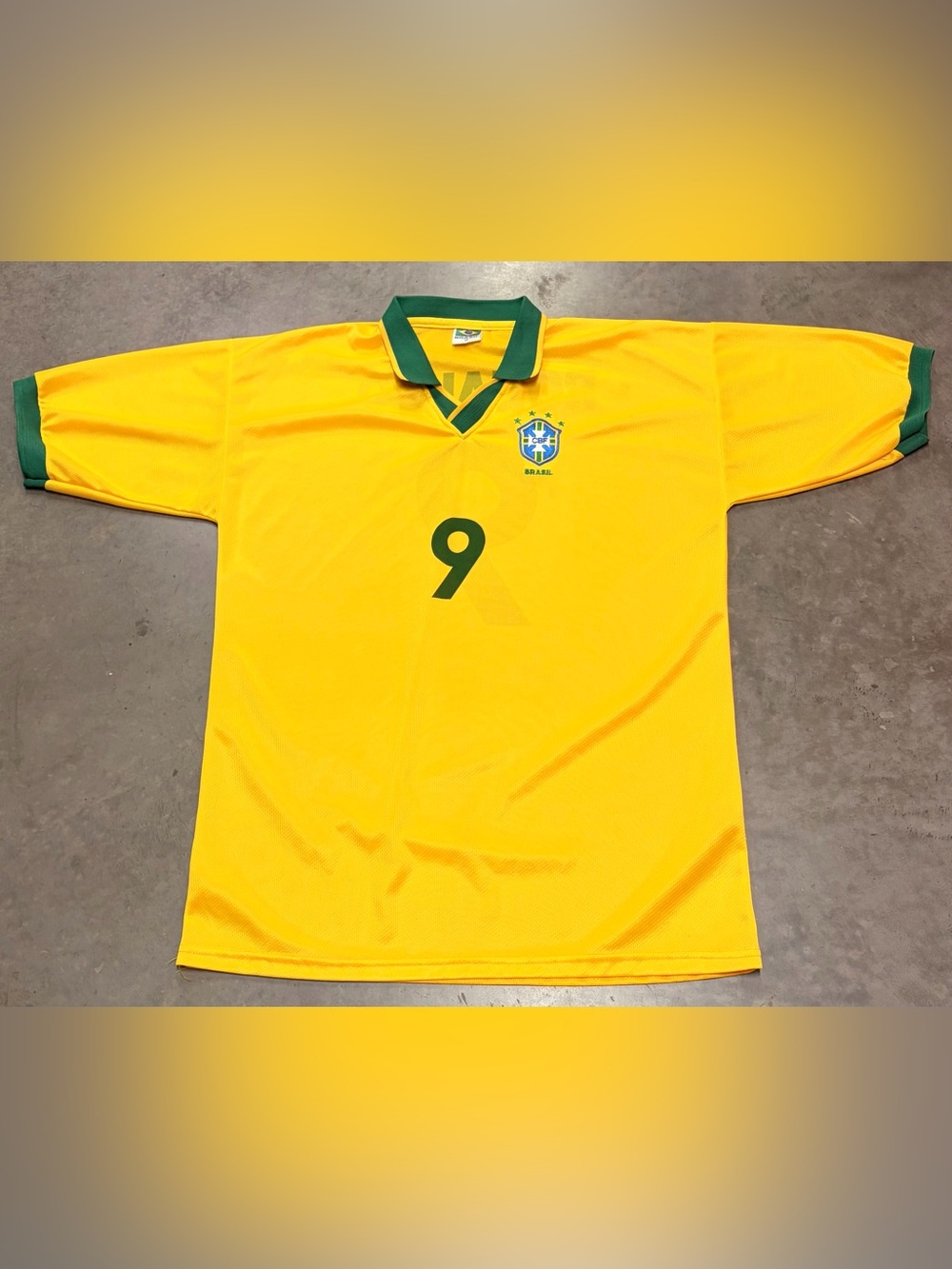 VintageBrazil National Team Ronaldo Men’s Soccer Jersey - Yellow with Green Trim